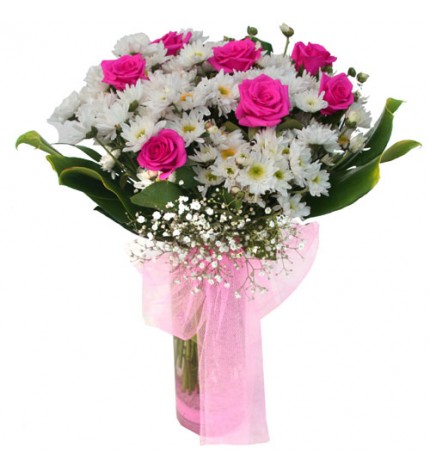 Beyaz Papatya ve 7 adet Pembe Gül 